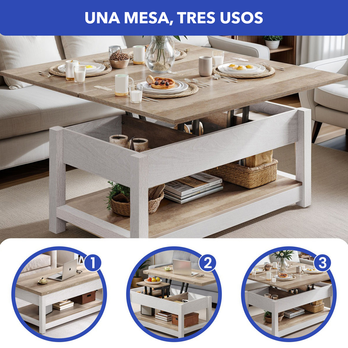Una mesa, tres usos: café, escritorio y comedor