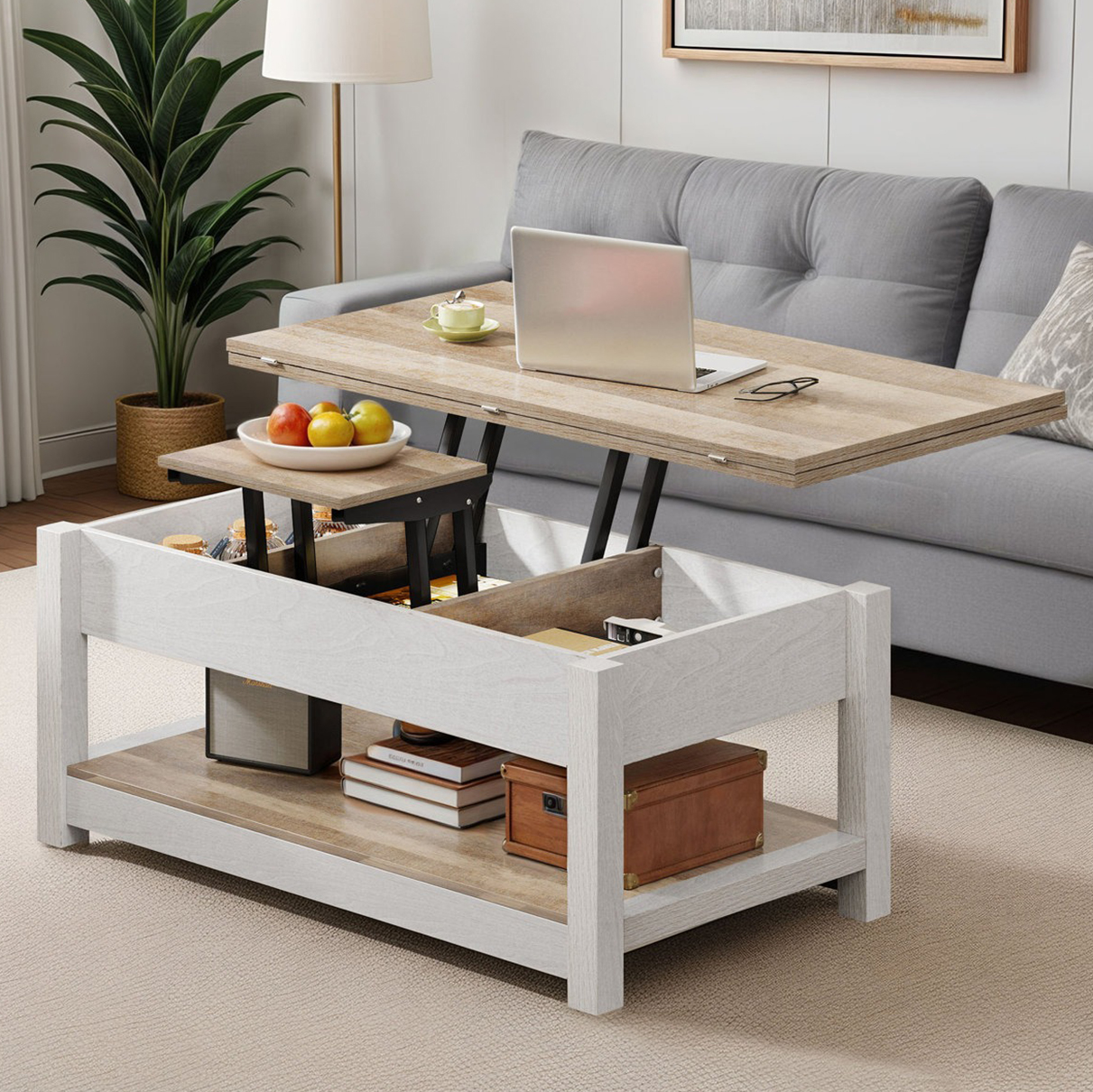 Mesa elevable blanca con tapa levantada y almacenaje interior