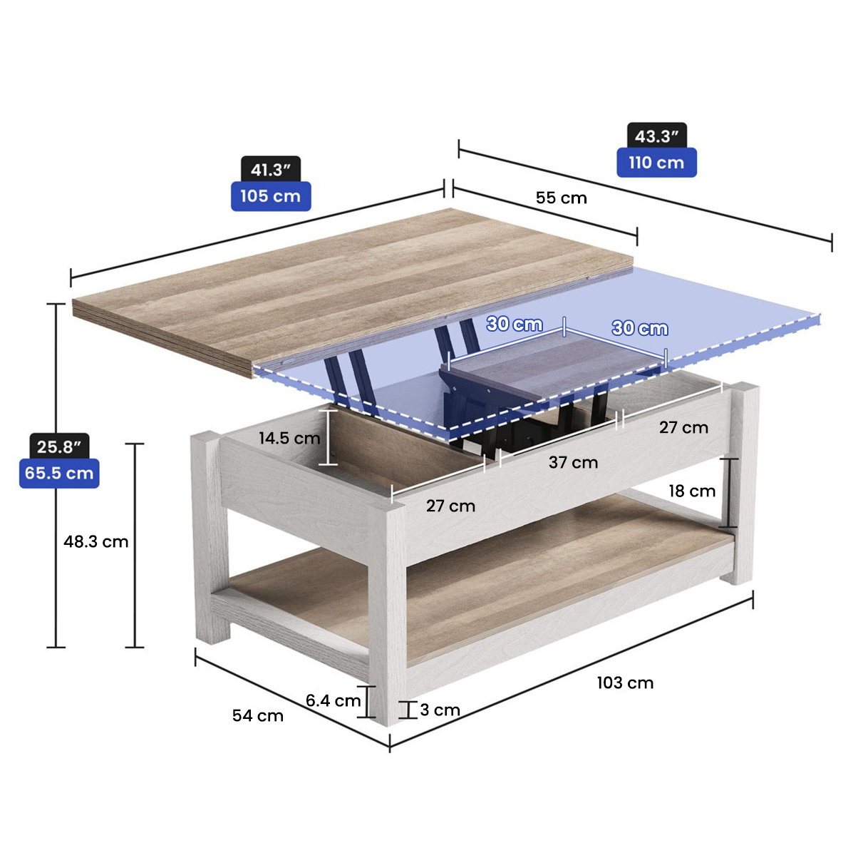 Medidas de la mesa de centro elevable en centímetros